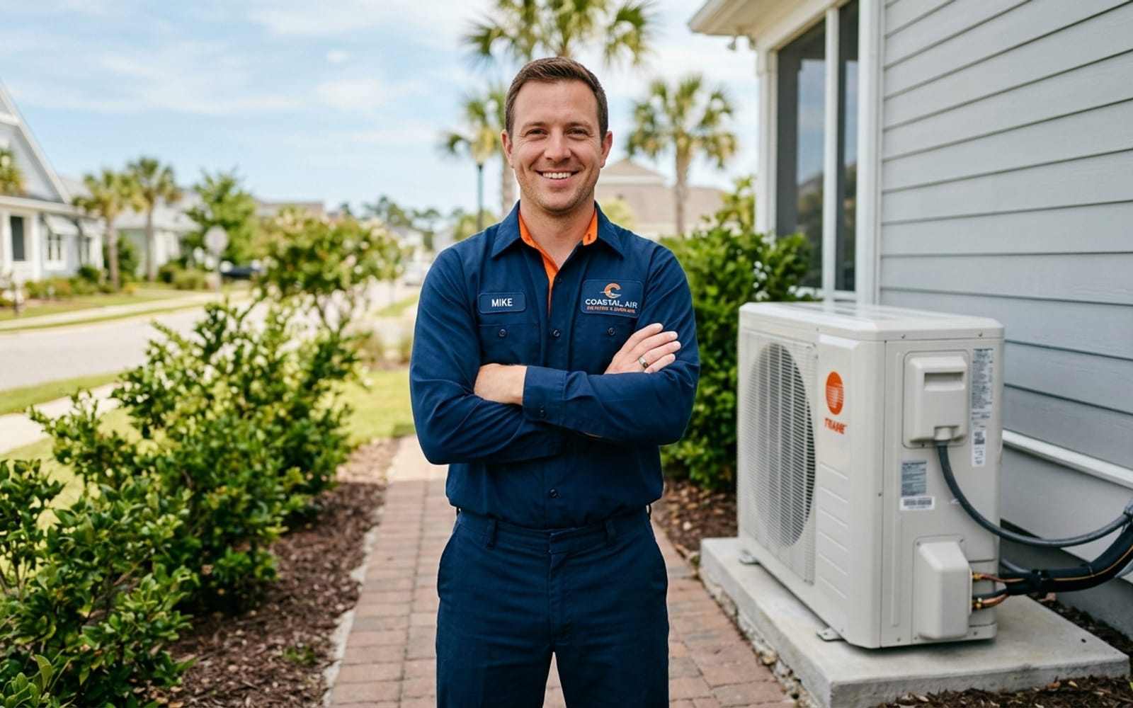 Ingram Brothers HVAC technician in a navy uniform standing confidently beside a residential air conditioning condenser unit in Virginia Beach